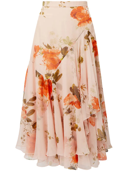 Floral-Print Asymmetric Silk Midi Skirt