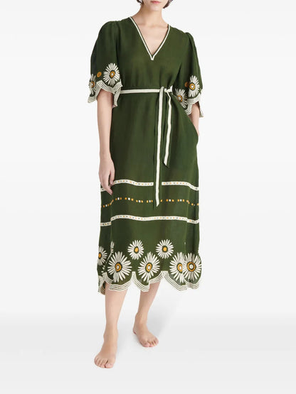 Hortense Floral-Embroidered Linen Dress