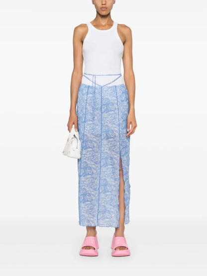Jessy Rose-Print Semi-Sheer Midi Skirt