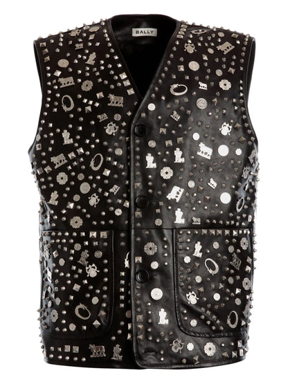 Studded-Charm Appliqué Leather Vest