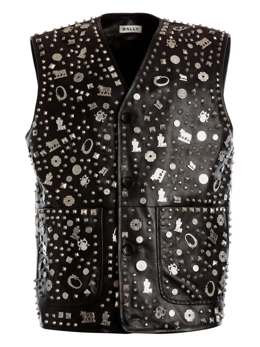 Studded-Charm Appliqué Leather Vest