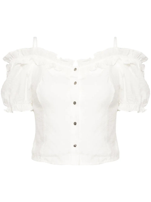 Ruffle-Detail Smocked Crop Top