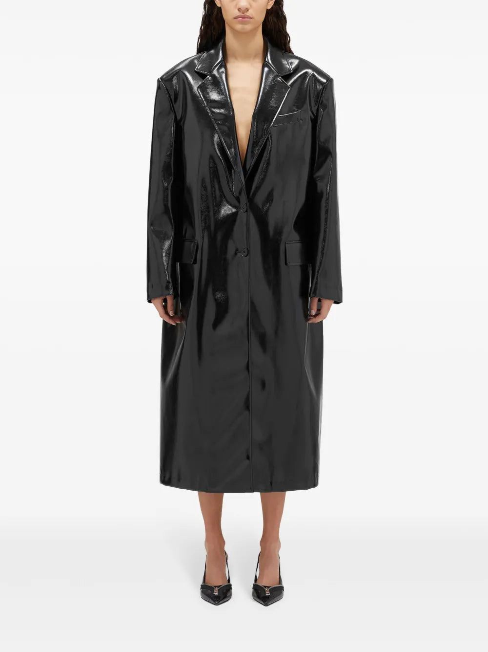 Faux-Leather Single-Breasted Coat