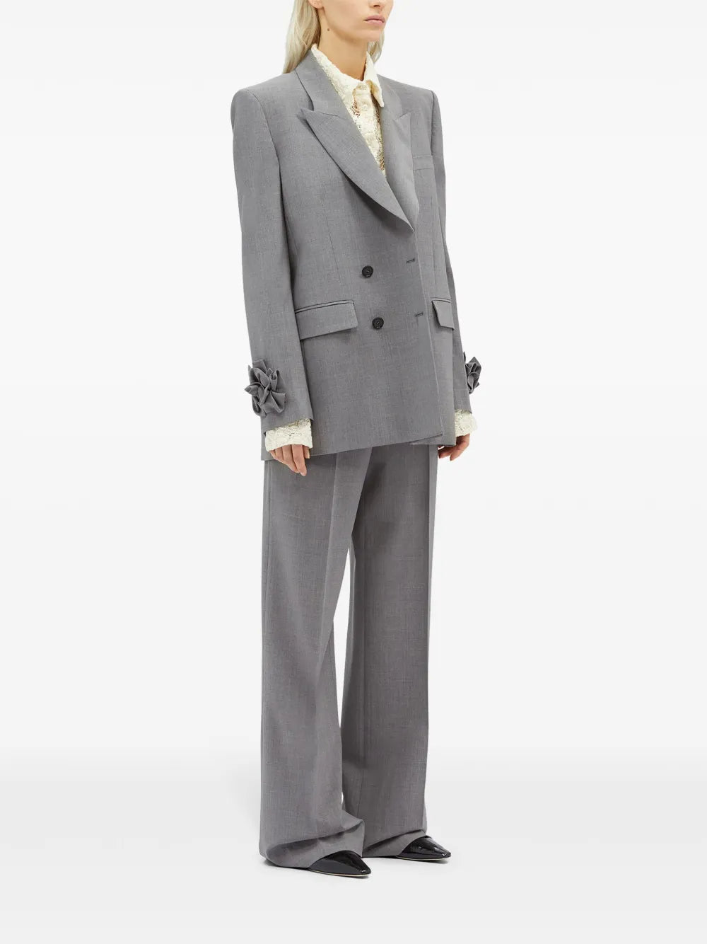 Floral-Appliqué Double-Breasted Blazer