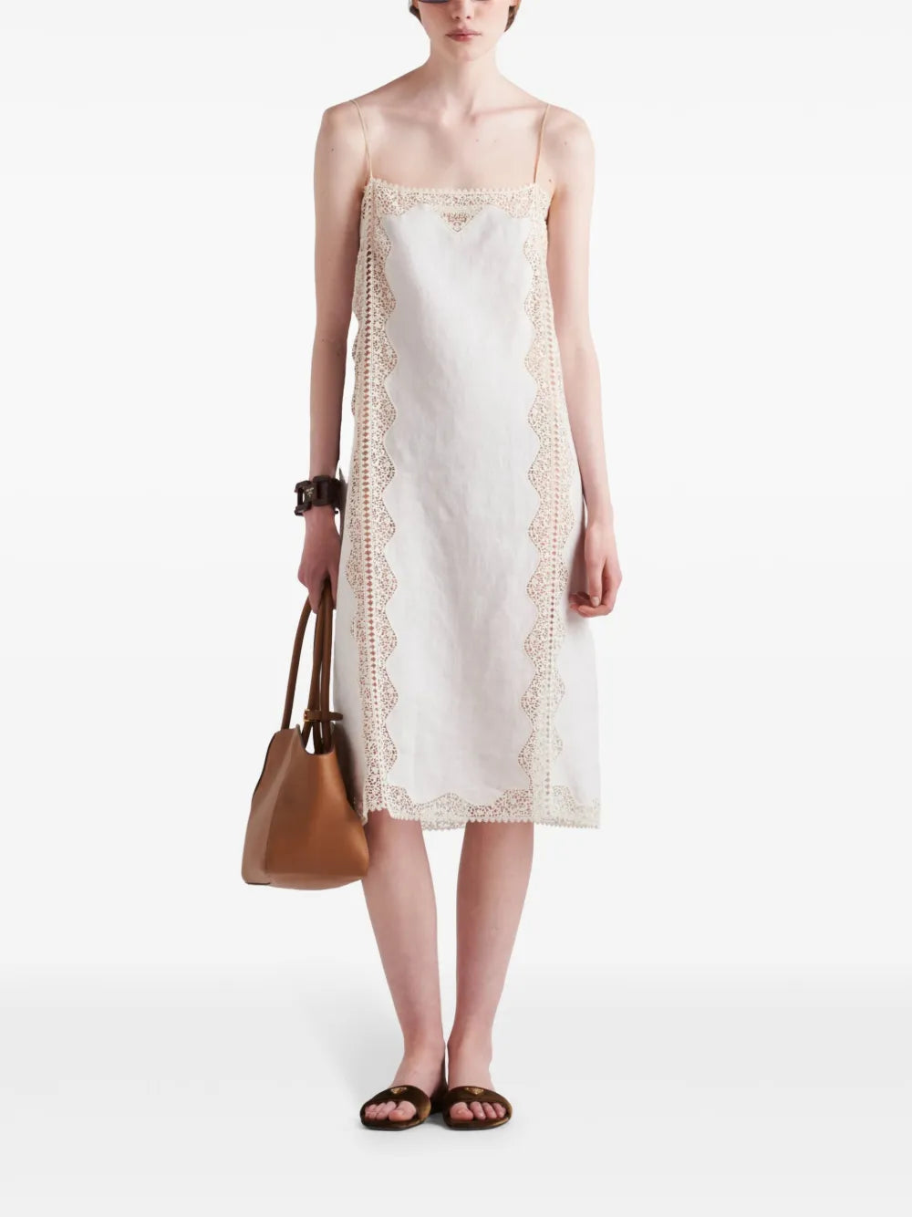 Lace-Trimmed Linen Midi Dress