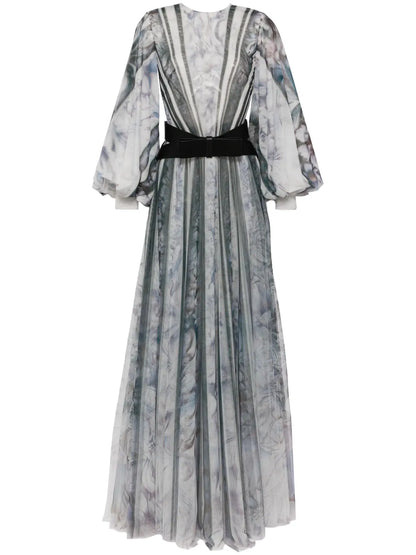 Abstract-Print Belted Gown