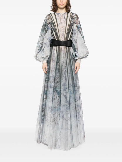 Abstract-Print Belted Gown