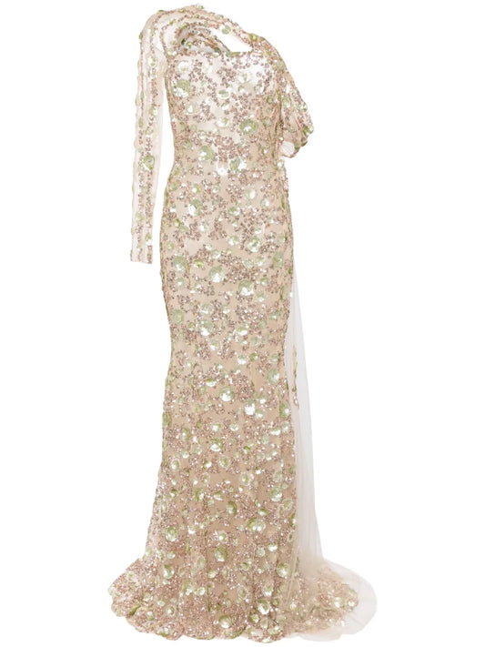 Beaded One-Shoulder Gown
