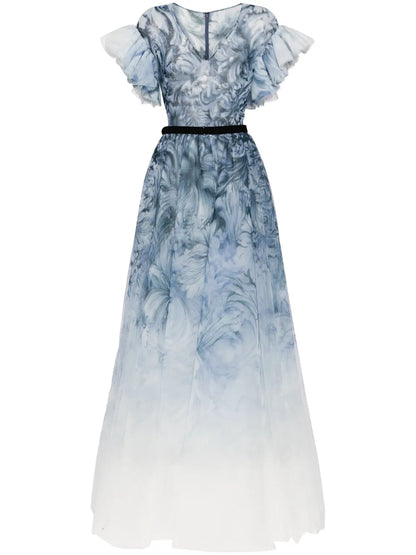 Abstract-Print Belted Gown