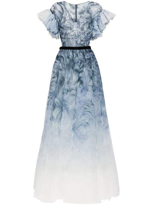Abstract-Print Belted Gown
