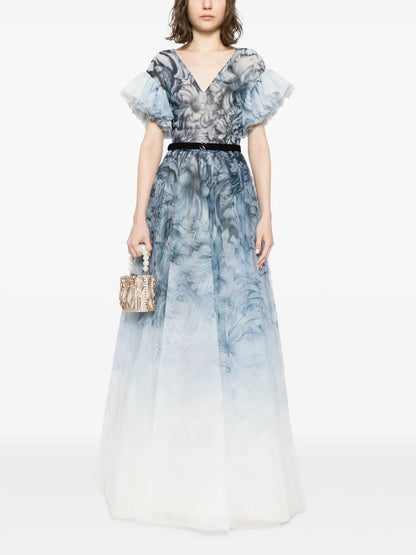 Abstract-Print Belted Gown