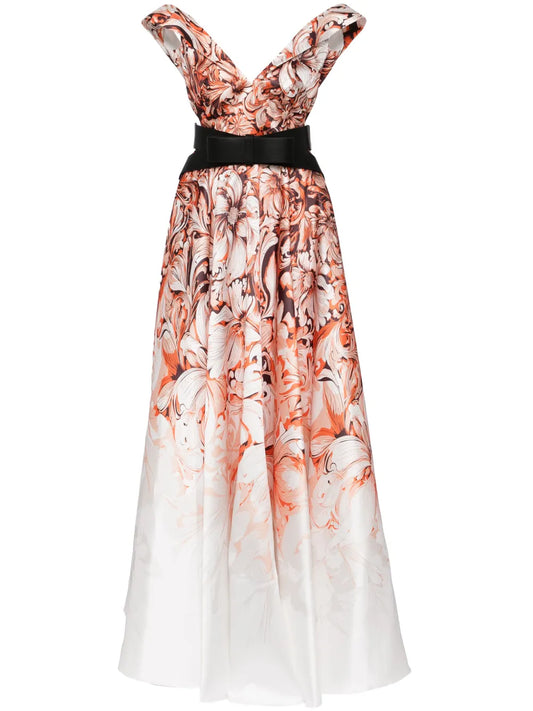 Floral-Print Off-Shoulder Belted Gown