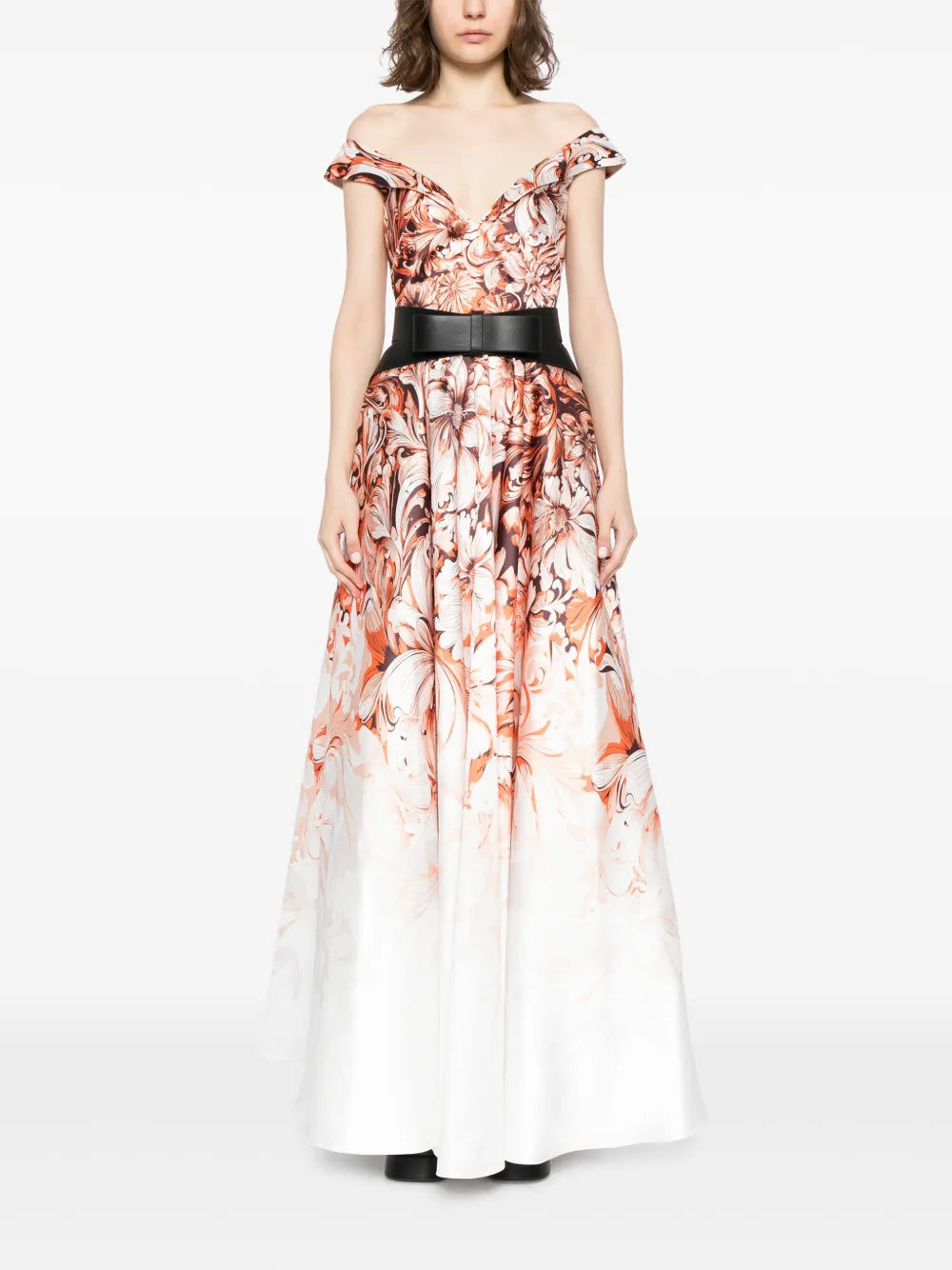 Floral-Print Off-Shoulder Belted Gown