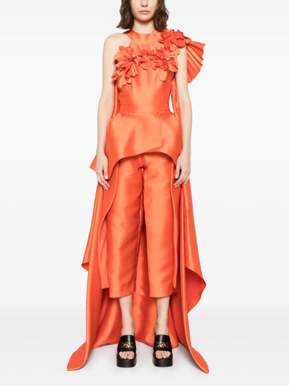Mikado Jumpsuit With Asmmymetrical Cuts And Matching Embroidery
