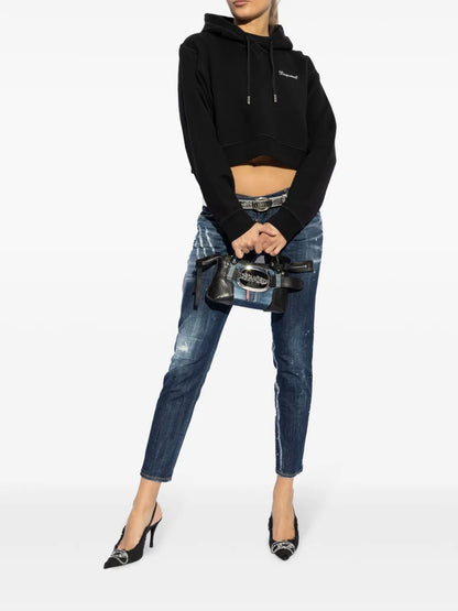 Rhinestone-Logo Cropped Hoodie