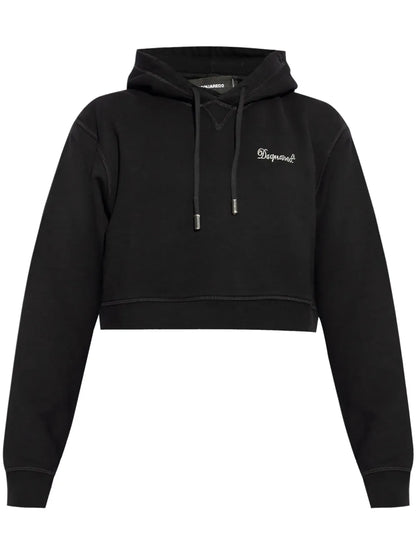 Rhinestone-Logo Cropped Hoodie