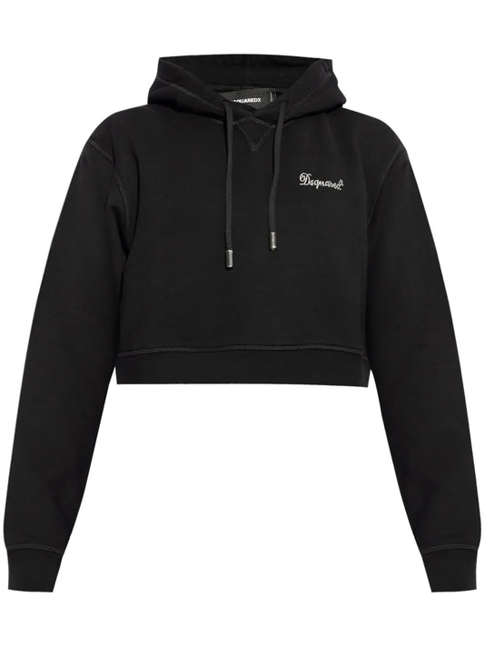 Rhinestone-Logo Cropped Hoodie