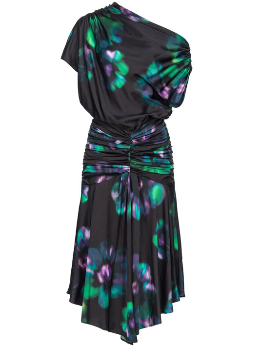 Floral-Print Ruched One-Shoulder Dress