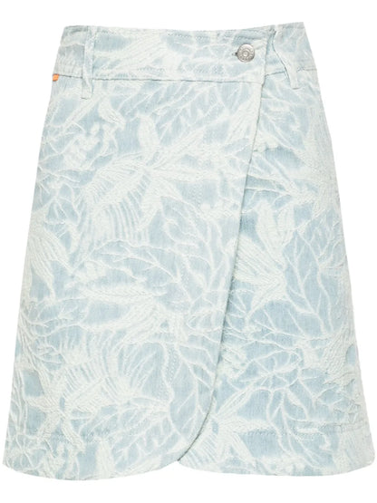 Floral-Jacquard Denim Wrap Skirt