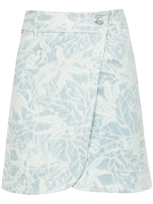 Floral-Jacquard Denim Wrap Skirt