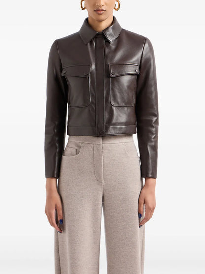 Spread-Collar Zip-Up Leather Jacket