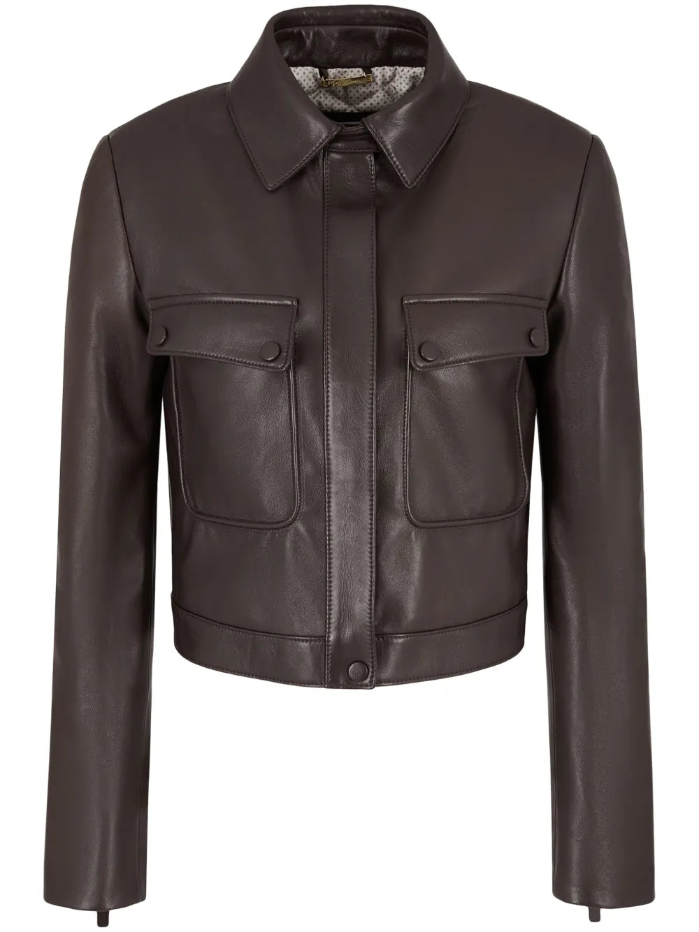 Spread-Collar Zip-Up Leather Jacket