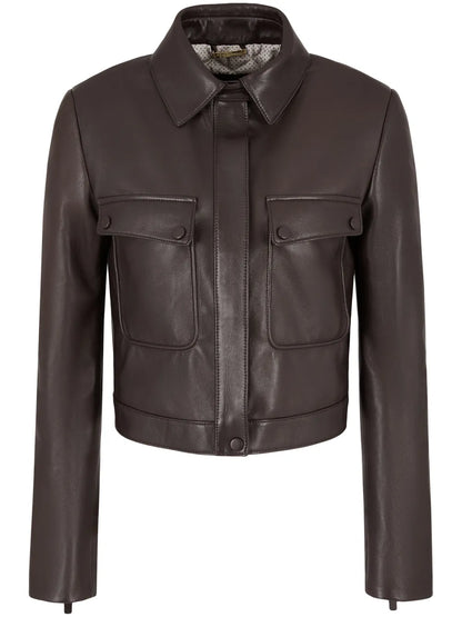 Spread-Collar Zip-Up Leather Jacket