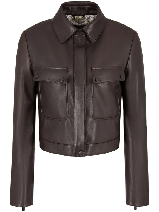 Spread-Collar Zip-Up Leather Jacket