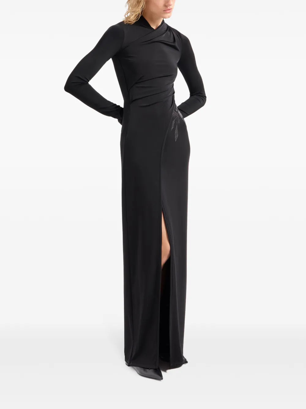 Floral-Appliqué Long-Sleeve Gown