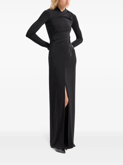 Floral-Appliqué Long-Sleeve Gown