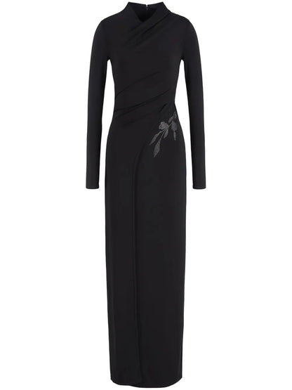 Floral-Appliqué Long-Sleeve Gown