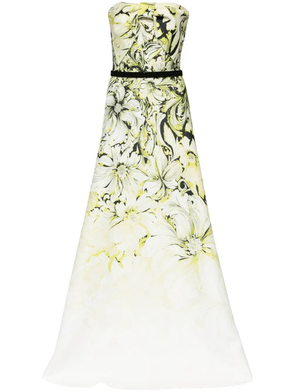 Floral-Print Strapless Gown
