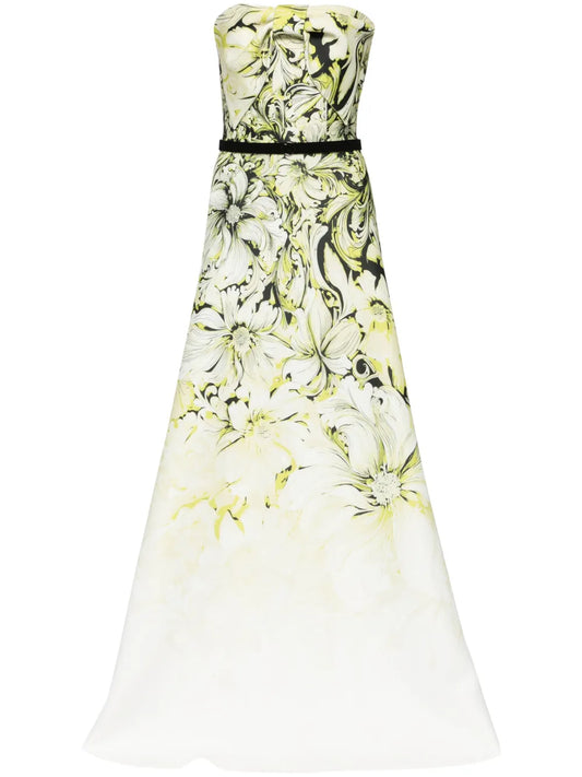 Floral-Print Strapless Gown