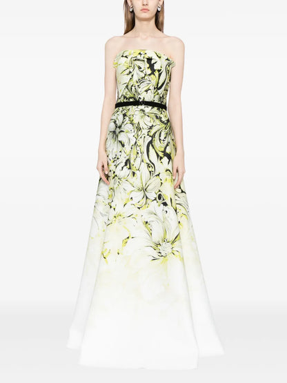 Floral-Print Strapless Gown