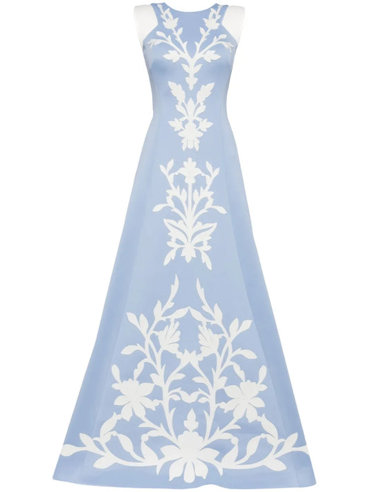 Floral-Embroidered Neoprene Gown