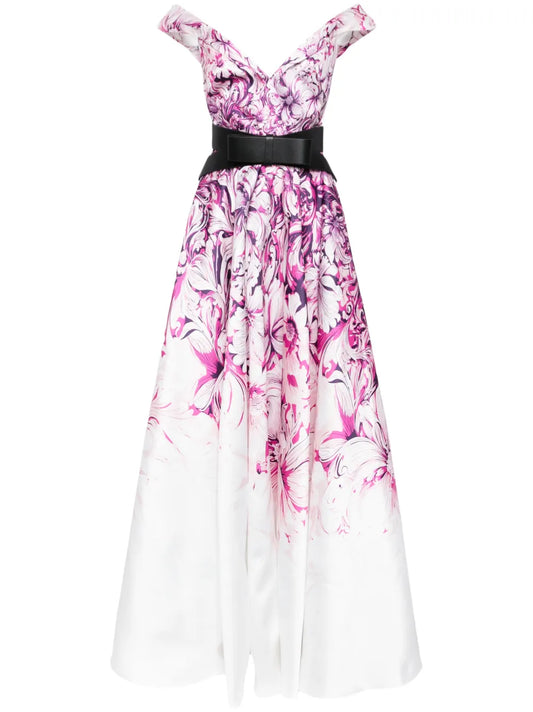 Floral-Print Off-Shoulder Gown