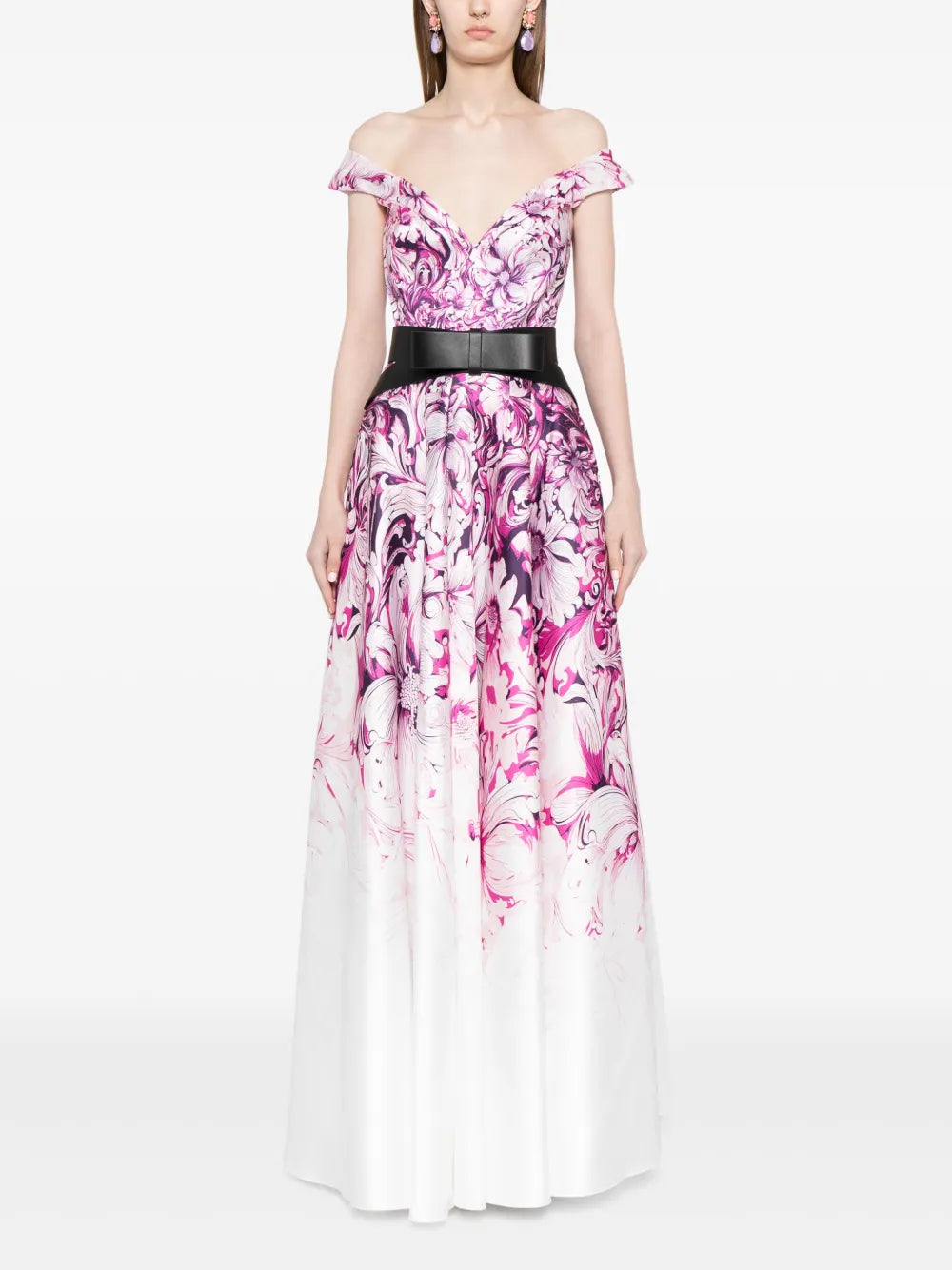 Floral-Print Off-Shoulder Gown