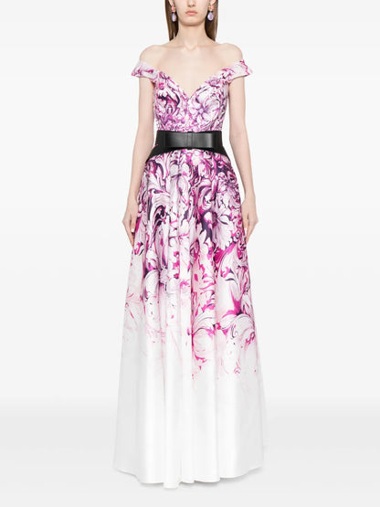 Floral-Print Off-Shoulder Gown