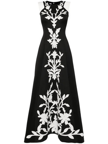Floral-Embroidered Neoprene Gown