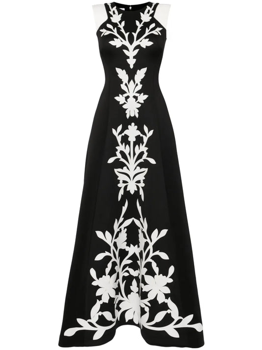 Floral-Embroidered Neoprene Gown