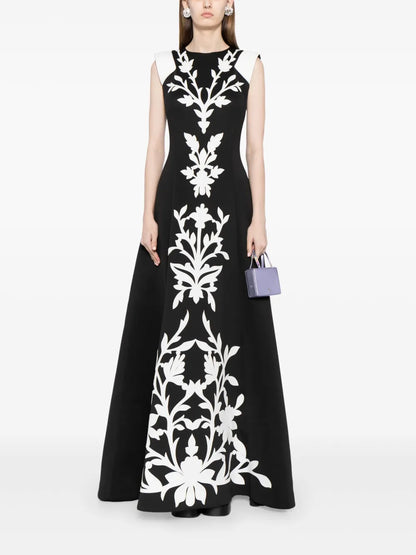 Floral-Embroidered Neoprene Gown
