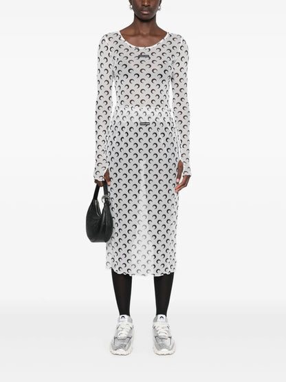 Crescent-Moon-Print Midi Skirt