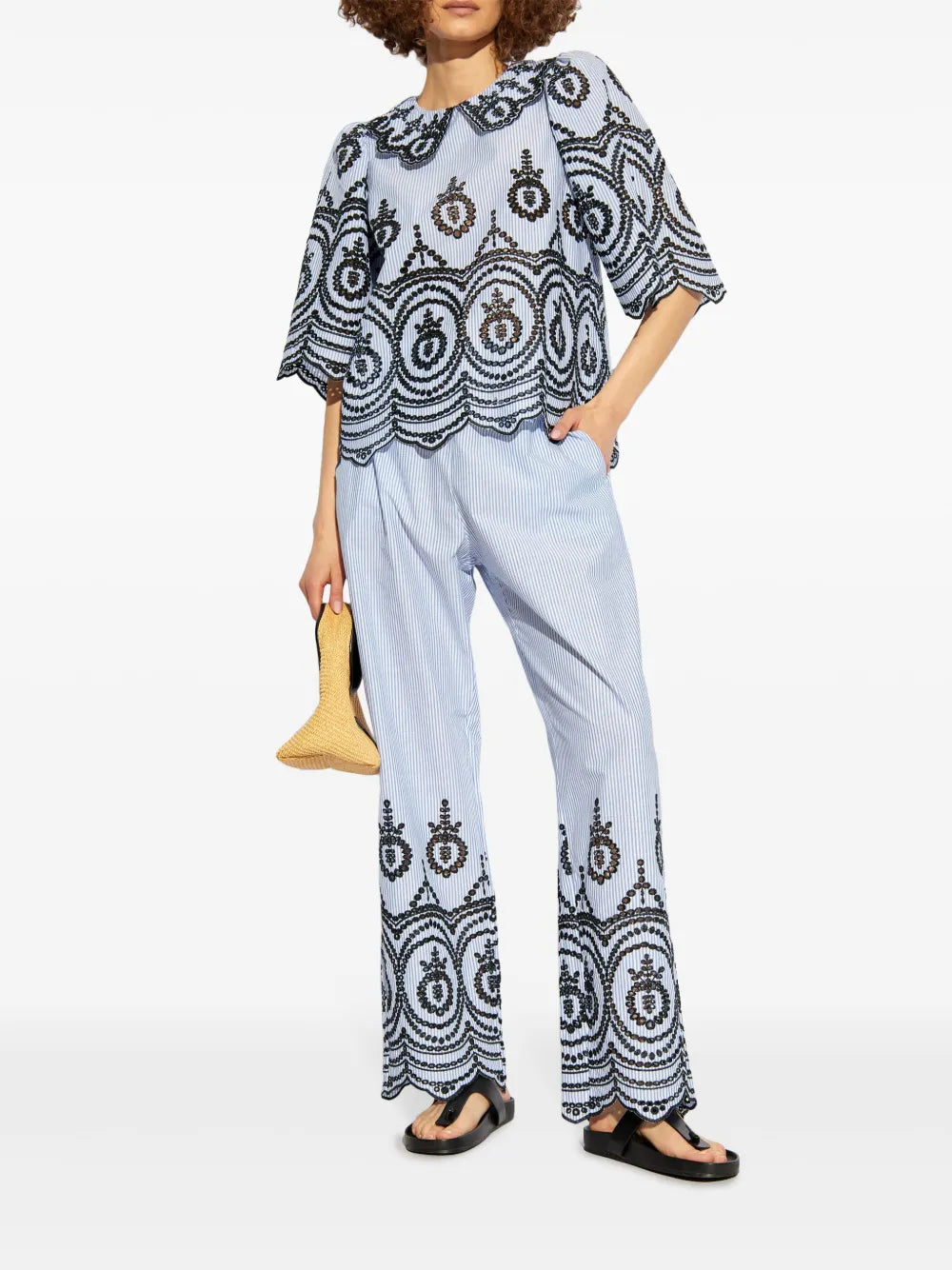 Embroidered-Motif Striped Trousers