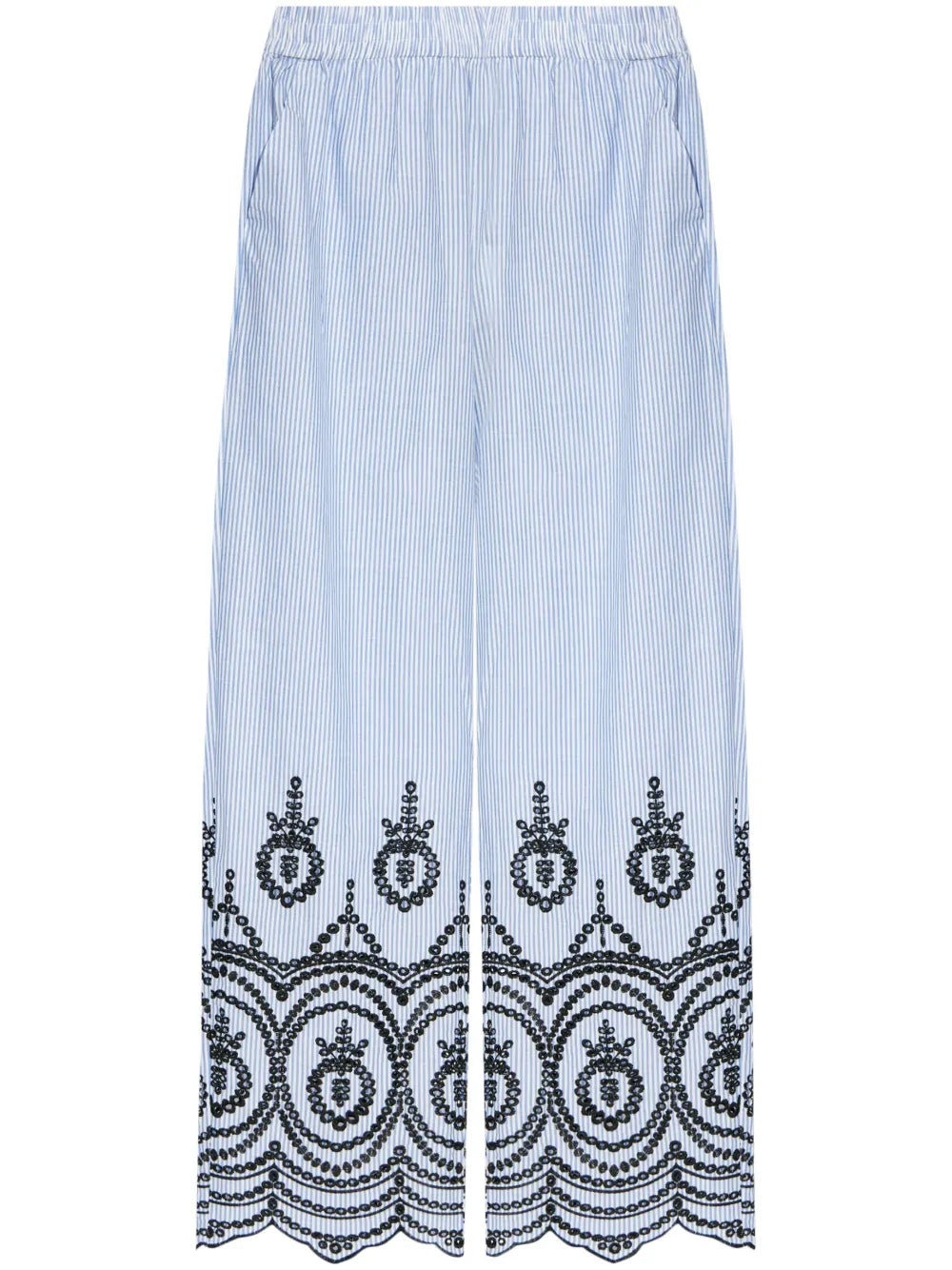 Embroidered-Motif Striped Trousers