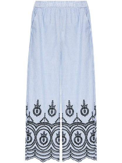 Embroidered-Motif Striped Trousers