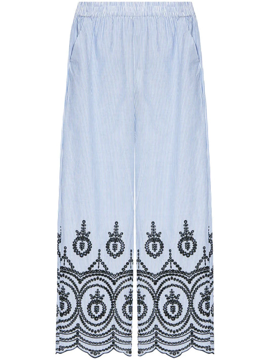 Embroidered-Motif Striped Trousers