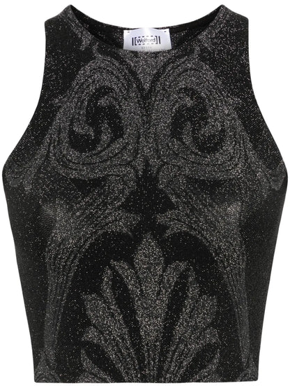 Floral-Jacquard Metallic Crop Top