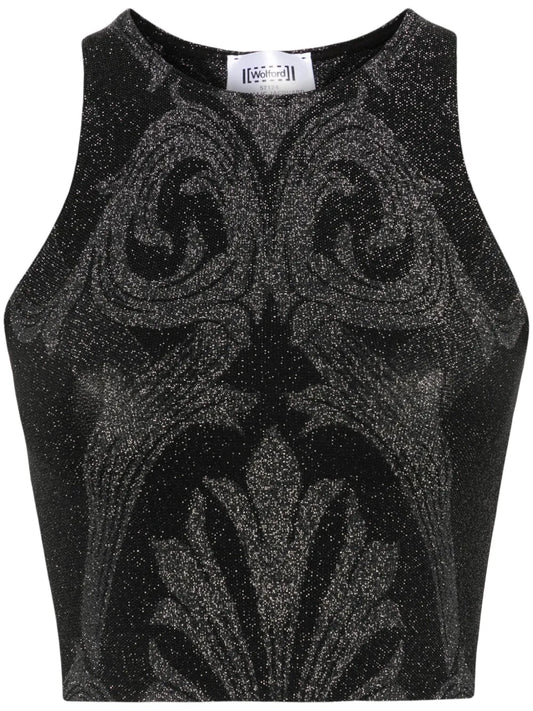Floral-Jacquard Metallic Crop Top