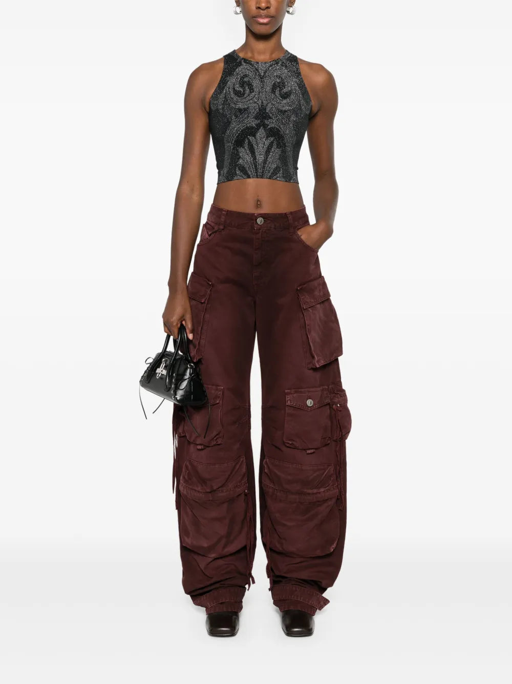Floral-Jacquard Metallic Crop Top