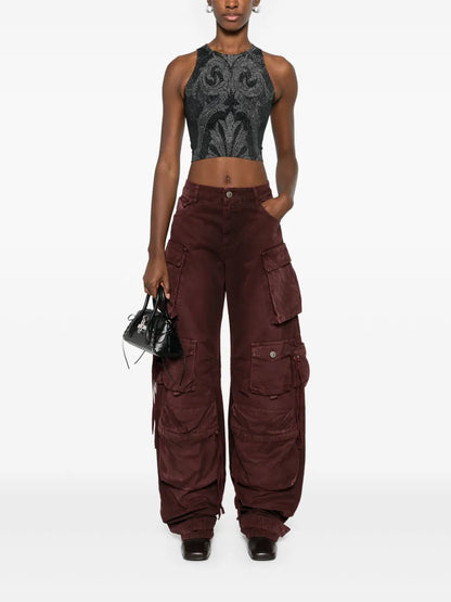 Floral-Jacquard Metallic Crop Top
